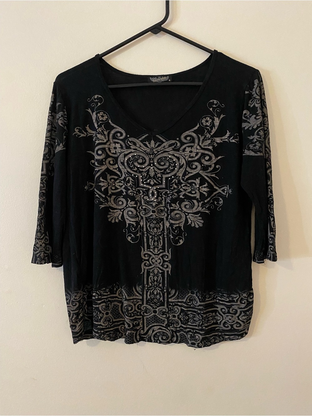 Vanilla Sugar Black V-Neck Embellished cross  Print Top